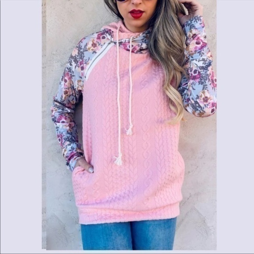 Amoli Pink Quilted Hoodie with
Floral Sleeve and Front Zip Accent
